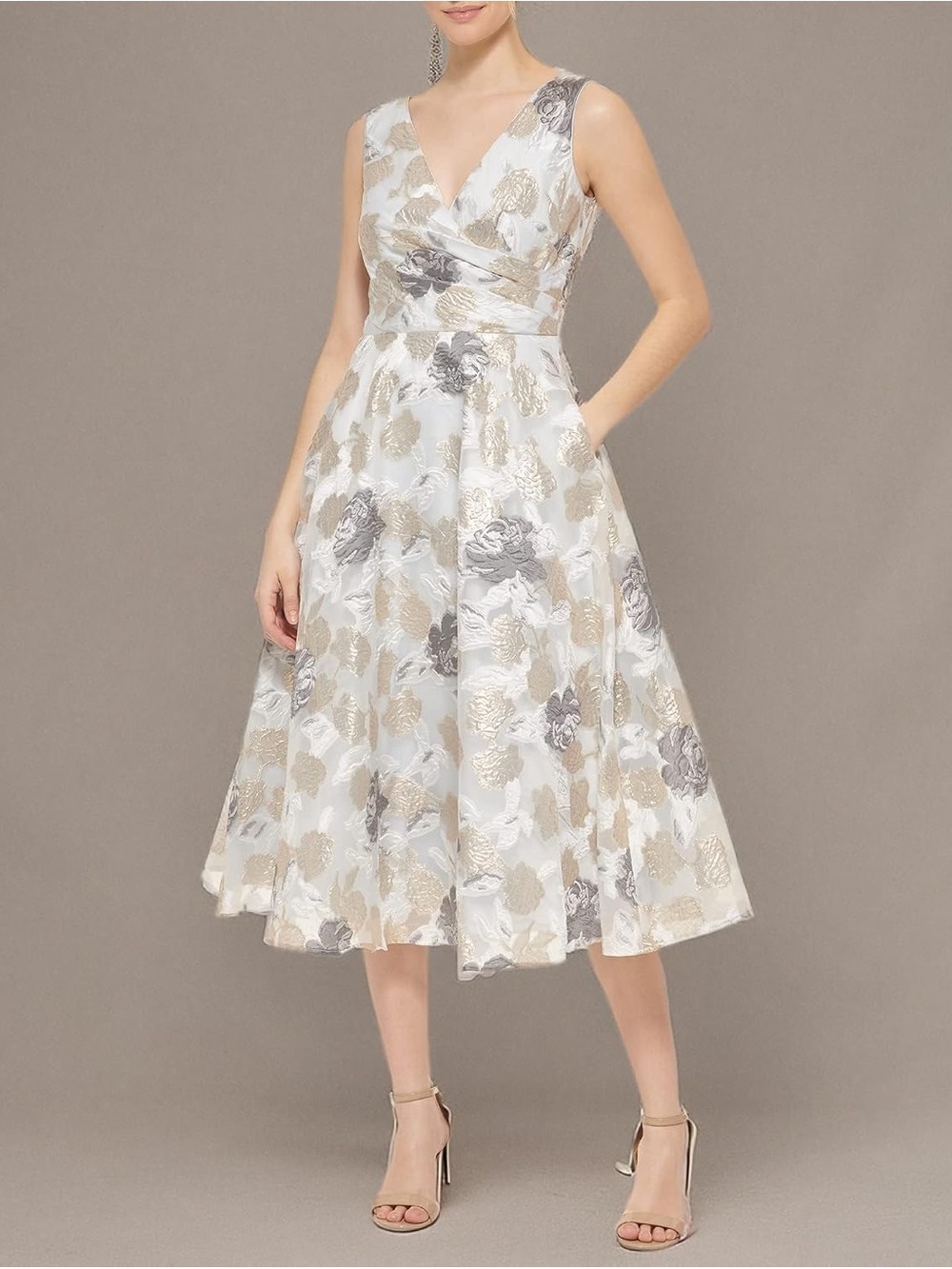 ELIZA J Sleeveless V-Neck Floral Jacquard Midi Dress in Ivory and Gold